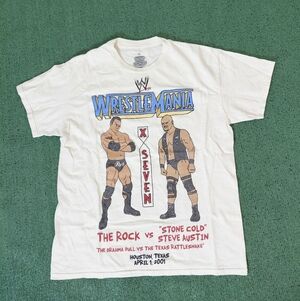WWE Legends Retro 2001 Wrestlemania Stone Cold vs The Rock WWF Wrestling White T